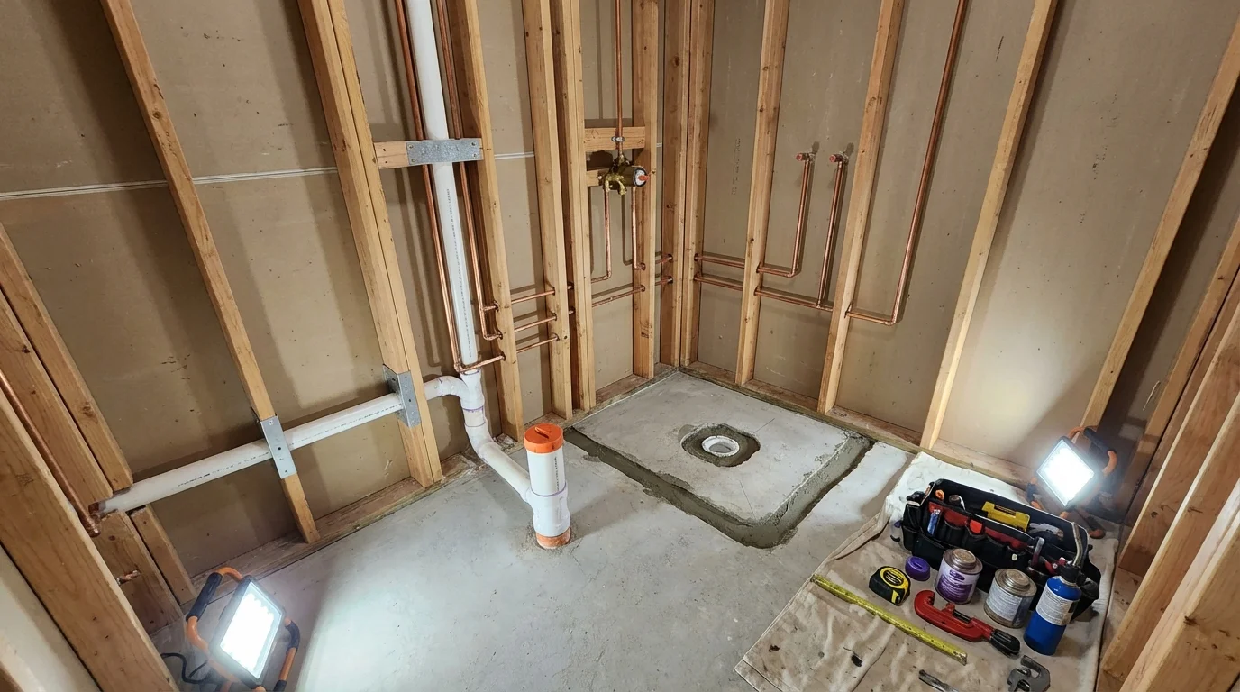 Bathroom rough-in plumbing during remodel by Johns Plumbing LLC in Bonsall