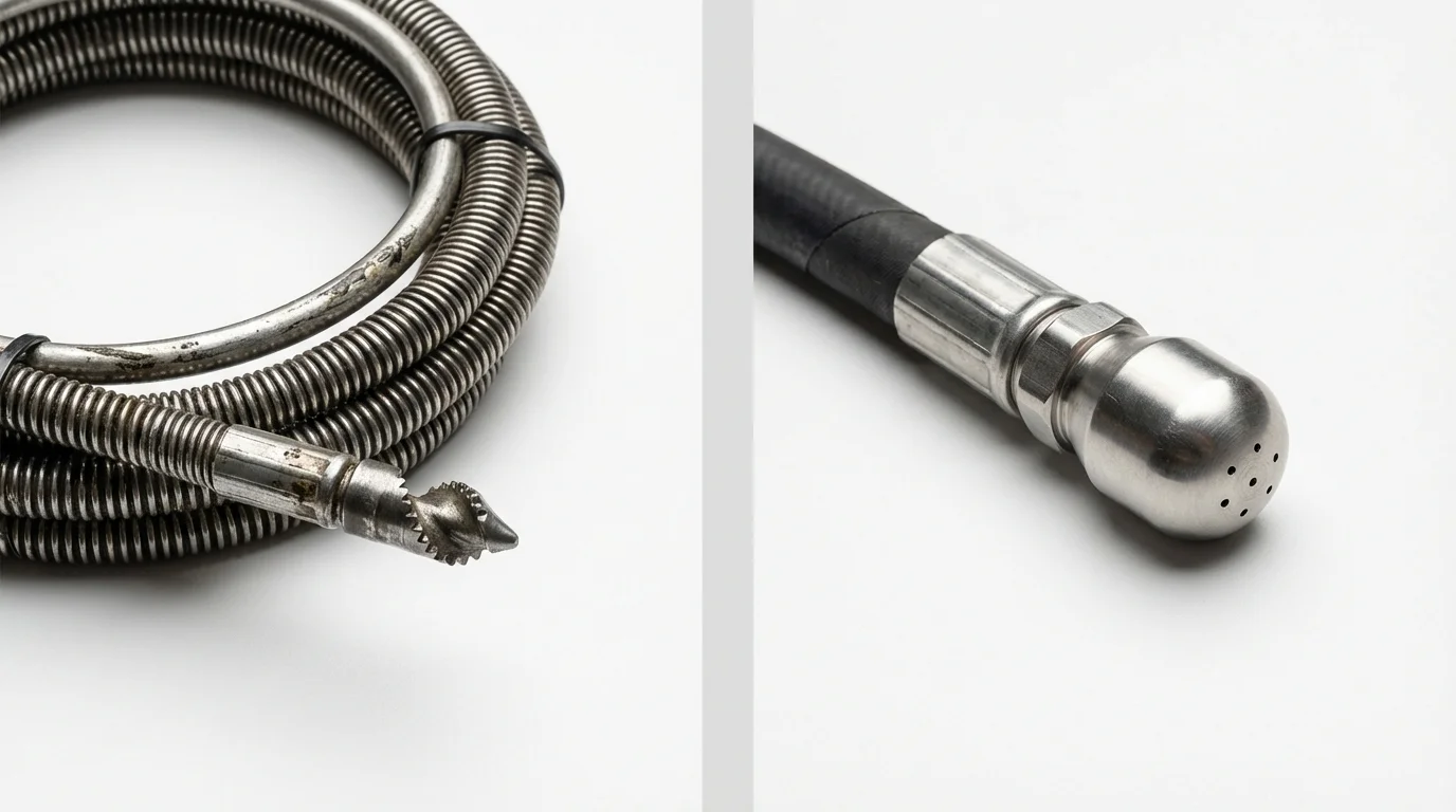 Drain snake cable and hydro jetting nozzle used for drain cleaning in Bonsall, CA