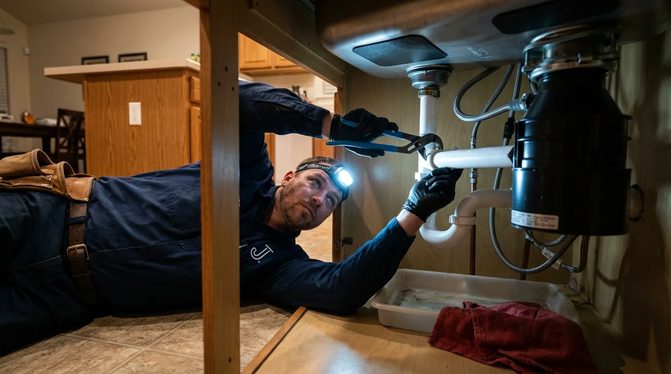 P-trap and supply line connections under a kitchen sink showing a common leak point in Bonsall, CA